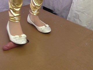 Cock crush in gold leggings and white balerinas